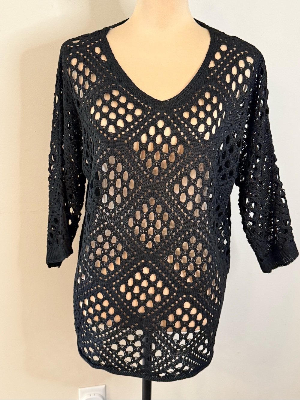 Crochet knit sheer black boho mini swimwear coverup dress SZ M